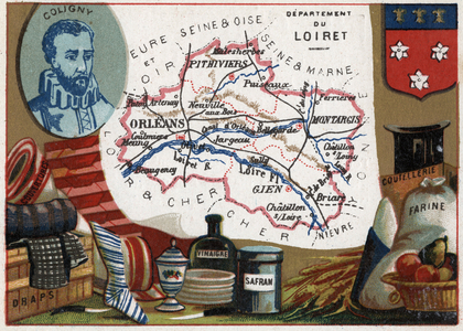 Le Loiret (45), Centre, France. Blanket, sheets, vinegar, saffron, cutlery and flour. Portrait of Gaspard II de Coligny, c.1920 (chromo)
