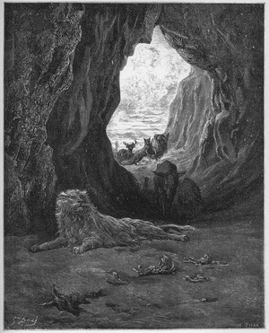 The Fox and the Sick Lion - from 'Fables' by Jean de La Fontaine , 19th century (engraving)
