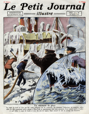 An Italian ship arrives in New York covered with ice. The sailors spawn their way with axes and steam jets to allow American Customs access to the boat. Engraving. One of the journal “” Le Petite Journal illustrious”, 1924. Private collection.