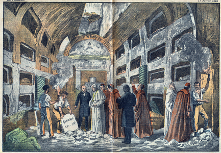The archeologist Giovanni Battista de Rossi gives Pope Pius IX a visit to the catacombs of SAN CALLISTO IX to the crypt of the Popes that he just discovered in 1852.