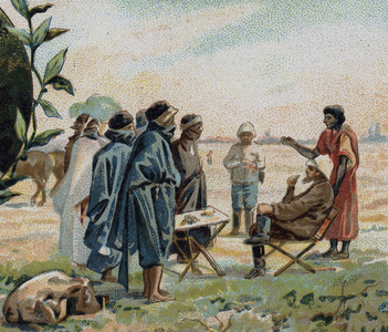 Henri Duveyrier, French geographer and traveler (1840-1892), speaking with the Touareg d'Azgar (Algerian Sahara), 1861. Chromolithography of the 19th century.