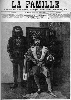 Pierre Loti in Louis XI costume receiving his guests in his castle during a party in a decor from the period of Louis XI. Cover of “” The Family”” from 1888.