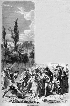 I vespri siciliani (or The Sicilian vepers): popular revolt of the island of Sicily against the feodal domination of the French king Charles of Anjou, which occurred in Palermo and Corleone on March 31, 1282, Easter Tuesday where the French are massacred by the Sicilians. Engraving in “” History of the Popes (...) Crimes of the Queen King and Emperors through the centuries” by Maurice Lachatre, 1863.
