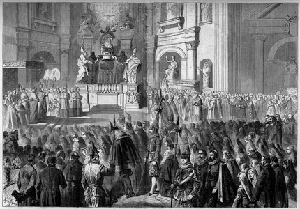 Benediction by Pope Pius IX (1792-1878) of the altar of the pulpit of the Church of St. Peter in Rome, after restoration. Altar built between 1656 and 1658 by Gianlorenzo Bernini (Bernini, 1598-1680). Rome, Italy, 1859. Engraving in “” Le Monde Illustré”” n°99 of 5 March 1859.