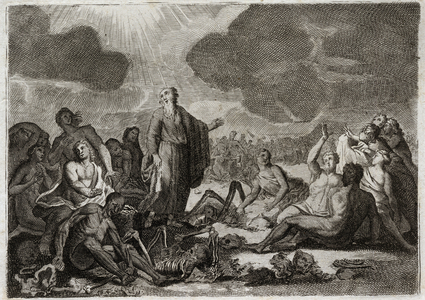 Bible of Royaumont, Old Testament: Second vision of Ezekiel. The vision that the Prophete Ezechiel had from several bones all desseches which took up a human form. Illustration from 1811.