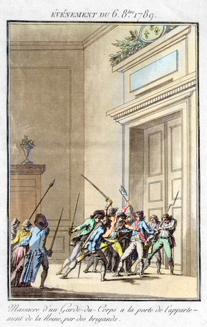 French Revolution - Event of October 6, 1789: massacre of a bodyguard at the door of the Queen's apartment by robbers (engraving)