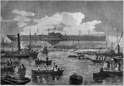 The “Leviathan” (Great Eastern), the first giant liner, during his attempt to launch in 1857. Engraving in “” Le Monde Illustré”” n°31 of 14 November 1857.