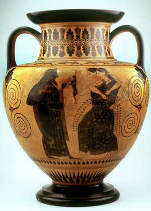 Painting on vase: Dionysos greeting two menades dancing. They present to the game god