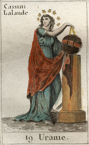 Representation of Urania, muse of astronomy and astrology, she holds a globe and a compasse. From “Mythology of Youth” by Pierre Blanchard 1803.