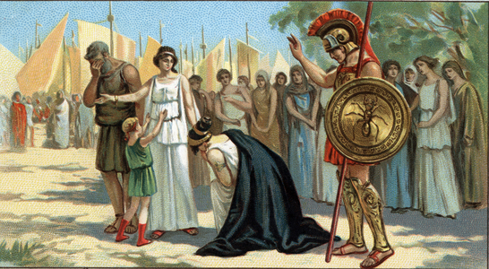 Great Greek Tragedies: “Iphigenie a Aulis” by Euripides wrote in -406. Iphigenie learned the sacrifice that is demanded of her. Her mother Clytemnestre kneels before her, in pain. On the left, his brother Oreste, on the right Achilles who first tried to save her by threatening to defend her with the weapon in hand. Chromolithography of the late 19th century.