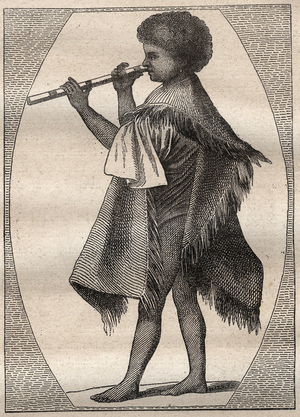 First voyage (1768-1771) by Captain James Cook (1728-1779): Tahitian flute player - illustration taken from “” The Great Mariners of the 18th century””, 1879 - 1 of the 3 volumes of the “Histoire generale des grands voyages et des grands voyageurs” by Jules Verne