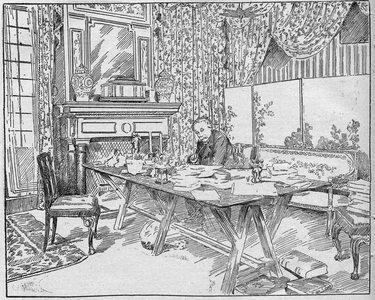 Writer Alexandra Dumas Jr. (1824-1895) in his work cabinet. Engraving in “La gazette du dimanche”” of 12 December 1895.