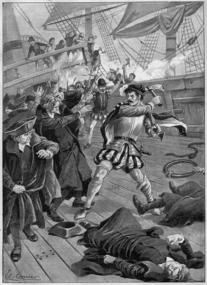 Jacques Souris, a French privateer, massacre of Portuguese Jesuit missionaries to avenge the death of Jacques Ribaut (Ribault), assassinated in 1565. Engraving in “” Journal des Voyages”” of July 30, 1899.
