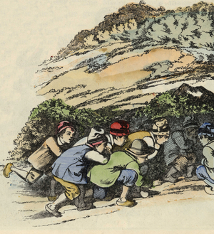 The feres of the little Poucet hide in a hollow rock to escape the ogre. Illustration of the tale “” Le Pepetit Poucet”” by Charles Perrault, 1697. In “” Tales from the home for the little ones””. Anonymous engraving of the 19th century.