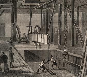 Atelier de drilling du well artesian de Passy. Engraving from 1856 in “Le Musee Des Sciences””