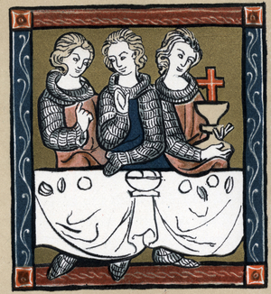 Galahad, Perceval and Bohort with the Holy Grail, illustration from 'Geschichte der Franzosischen Literatur' by Hermann Suchier, 1913 (colour litho)