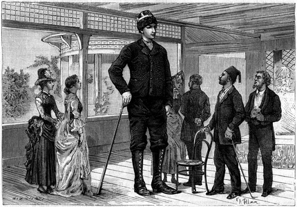 Amanab, a Greek giant measuring 2.36 metres, turning around the European capitals, 1886 (engraving)