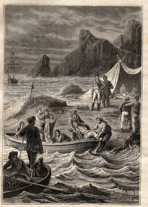 The expedition to the southern lands (1800-1803) by Nicolas Baudin (1754-1803): the sick of scurvy were transported ashore in the Bay of Adventure (Tasmania, Australia) - illustration taken from “The Great Mariners of the 18th century””, 1879 - 1 of the 3 volumes of the “Histoire generale des grands voyages et des grands voyageurs” by Jules Verne