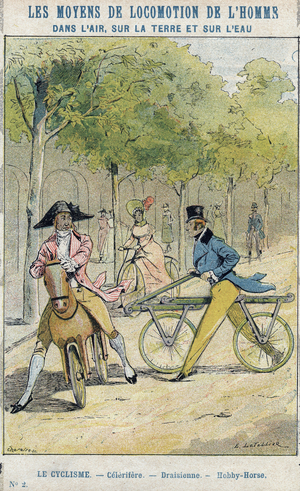 Velocipedes - English celerifere - Draisienne, ancestor of the bicycle - From a protective sleeve for school books, late 19th century - illustration by E Letellier - Celerifere - Draisienne - Hobby-Horse (Nobby Horse) - Protect notebook historique, fin 19th century