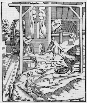 Metal furnace blower operated by a hydraulic motor. Fac simile (Fac-simile) of an engraving published in “” Cosmographie”” (1555) by Sebastien Munster. Engraving in “” La Nature: revue des sciences et de leurs applications aux arts et a l'industrie”” of 10 August 1889.
