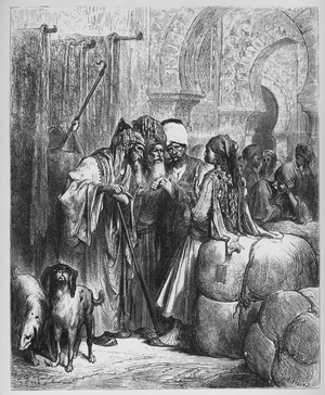 Le Bassa (pasha) et le Marchand - from 'Fables' by Jean de La Fontaine (Lafontaine) (1621-95) - engraving after Gustave Dore (1832-83) - Private collection