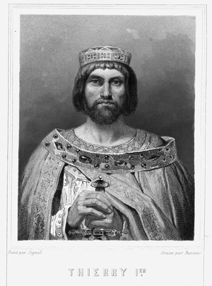 Portrait of Thierry I (? - 533), King of Austrasia - in “” Histoire des Français”” by Lavallée, engraving, sd., 19th century.
