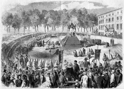 Catholic fete: Fete Dieu (Fete-Dieu) in Toulon, Var (83), 1858. Blessing of the Holy Sacrament by the Eveque of Frejus, Engraving in “” The Illustrous World”” n° 64 of July 3, 1858.