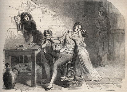 the Lyon mail post affair - Case du courrier de Lyon: The farewell of Joseph Lesurques to his family: supposedly involved in the case of the Lyon mail in 1796 he was wrongly accused of having attacked the Lyon post trunk and was guillotine - Engraving in “Causes celebres de tous les peuples”” by Armand Fouquier (1817-18?) 1858-1867 - private collection