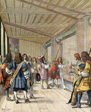 The painter Charles Lebrun (Le Brun) (1619-1690), director of the manufacture, explained to Louis XIV, known as Le Roi-Soleil (King Soleil or Louis the Great, 1638-1715), king of France, during his visit to the Gobelins in Paris, the operation of a high-smooth metier for weaving tapestries on October 15, 1667. He was accompanied by Jean Baptiste (Jean-Baptiste) Colbert (1619-1683). Chromotypography in “” Le Roy Soleil”” (Louis XIV) by Gustave Toutwelve, Illustration by Maurice Leloir (1853-1940), 1904. Privee Collection.