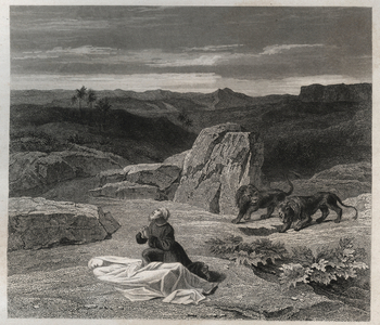 Saint Anthony Abbe buried Saint Paul of Thebes in the desert. From 1846 in "Lives of the saints".