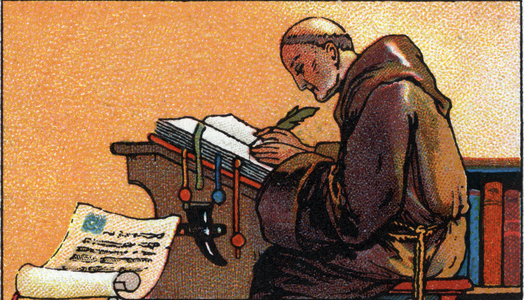 History of writing: a copyist monk copying manuscripts in the Middle Ages, beg of 20th century (chromo)