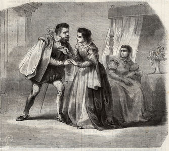 Prince Don Carlos (1545-1568) with Melles d'Harancourt et de Limoux, bridesmaids to Queen Elisabeth (Elisabeth of France or Isabelle de Valois, 1545-1568). He asks them to let him see the queen he's in love with. Engraving from 1871 in “Histoire Des Cocus Celebres”” by Henry de Kock (1819-1892).
