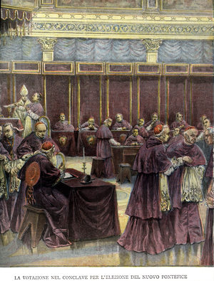The vote of the conclave for the election of the new pontiff Pius X (meeting of cardinals to elect the Pope) - in “La Tribuna Illustrata”” of August 9, 1903.