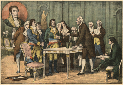 1801:Alessandro Volta presents the operation of the electric battery before the members of the Academy of Sciences in Paris, 1937 (print)