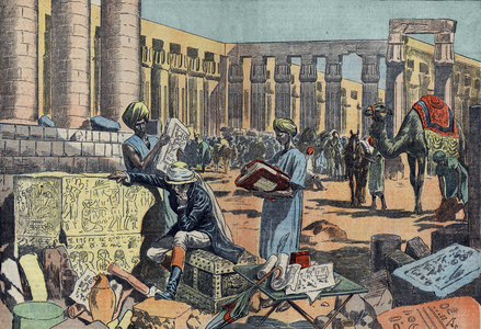 Jean Francois (Jean-Francois) Champollion (1790-1832), a French egyptologist, studying an inscription among the colonnades of Thebes. Engraving from 1923. Drawing of Damblans.