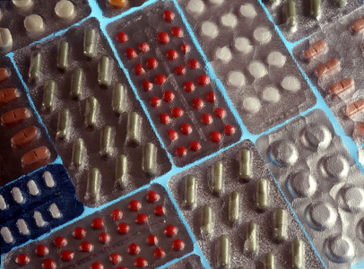 Still life with medicaments: Platelets of gellules.