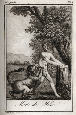 Death of Milon de Crotone devore by a wolf“Lettres a Emilie sur la mythologie” by Charles Albert Demoustier, 1819 (engraving)