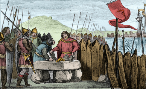 Charles III the Fat (839-88) pays off the Viking invaders in 886 - Charles III 3 le Gros (839-888) Emperor of West (881-887) and Regent of France (884-887) camped under the walls of Paris without daring to fight the Normans, preferring to buy their retirement at silver price - Engraving 1825 in “Histoire de France represented by synoee ptics dediee to the children of France and employee for their education”” - Steel engraving by Ambroise Tardieu