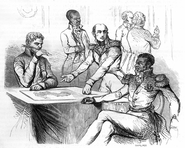 On July 11,1825, under the threat of a squadron of 14 ships and 500 guns, Jean Pierre Boyer Haitian politician resent signing a treaty with King Charles X (engraving)