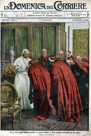 Pope Pius X receives the cardinals in his library for the New Year's wish. Cover of the Domenica del Corriere of January 4, 1914