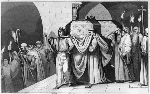 Philippe III The Bold helps carry his father's coffin in in Basilica of Saint Denis in 1271, 1825 (engraving)