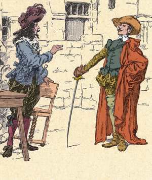 Meeting of Cyrano, young, arriving in Paris, with D'Artagnan - illustration by Zier, early 20th century.