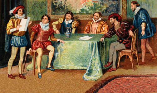 Pleiade at Ronsard's. The poets Joachim du Bellay (1522-1560), Jean Antoine de Baif (1532-1589), Jean Dorat (Auratus of his real name Jean Dinemandi, 1508-1588), Remy Belleau (1528-1577), Pierre de Ronsard (1524-1585), Etienne Jodelle (1532-1573) - Chromolithography of the end of the 19th century the