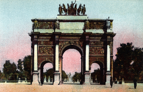 Paris: view of the Arc de Triomphe du Carrousel realized by Pierre Francois Leonard Fontaine (1762-1853) and Charles Percier (1764-1838) in 1809. Photograph of 1920 in “” Artistic Album”” of the city of Paris. Private collection.