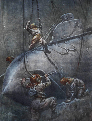 The catastrophe of the French submarine “Pluviose" in 1910. The scaphandlers try to fix the chains to pull it up. Illustration by Achille Beltrame.