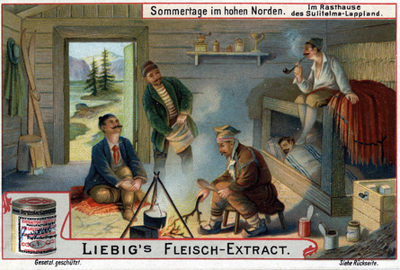Summer in the Great North: Five men in an inn in Lapland. Chromolithography of the beginning of the 20th century.