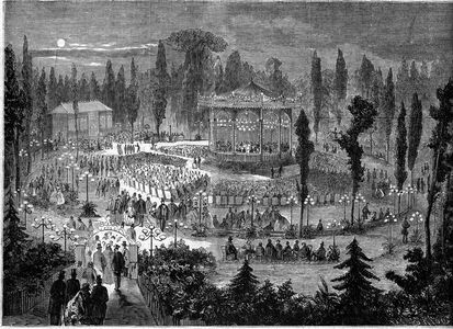 Concert of the Musard orchestra at the Champ Elysees (Champ-Elysees), Paris, 1859. Engraving in “” Le Monde Illustré”” n°121 of 6 August 1859.