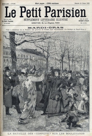 The battle of confetti on the Parisian boulevard during Mardi Gras (Mardi-Gras). Illustration in " Le petit Parisien", 1896. .