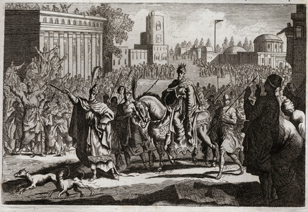 Bible of Royaumont, Old Testament: Triumph of Mardochee. Aman (Haman) is forced by the King to publish the triumph of Mardochee (or Mordekhai or Mordecai) his enemy throughout the city of Susan (better known as Susa). Illustration from 1811.