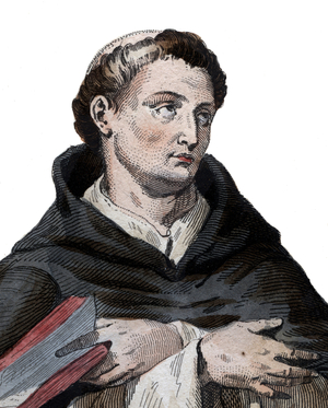 Portrait of Saint Bernard de Clairvaux (San Bernardo di Chiaravalle) (1090-1153), French abbot and builder of the reforming Cistercian order. illustration from “” Le Plutarque Français”” by Edmond Mennechet, 1836 (colour engraving).